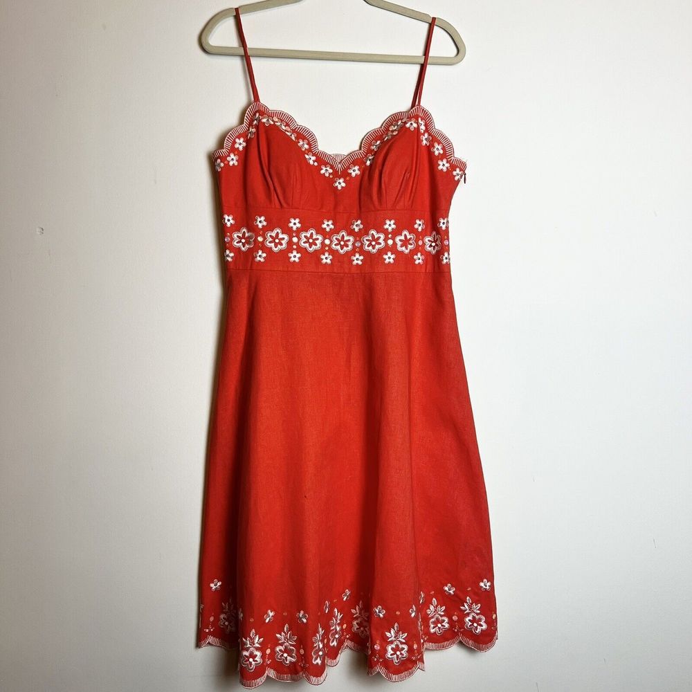 Andre’ Oliver Vintage Dress Peachy Pink Floral Embroidery Y2K Sz 12 Linen Cotton